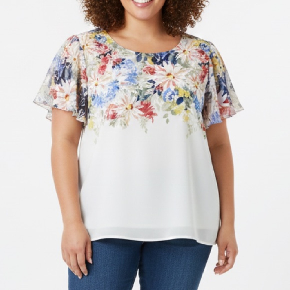 Vince Camuto 2xl NWT Floral Ruffle Sleeve Blouse - White, Red, Blue